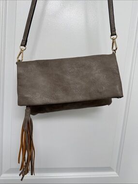 Taupe Fold-Over Crossbody Bag with Tassel Accent
